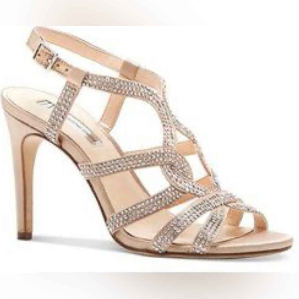 INC bisque diamond rhinestone encrusted 4” satin heels